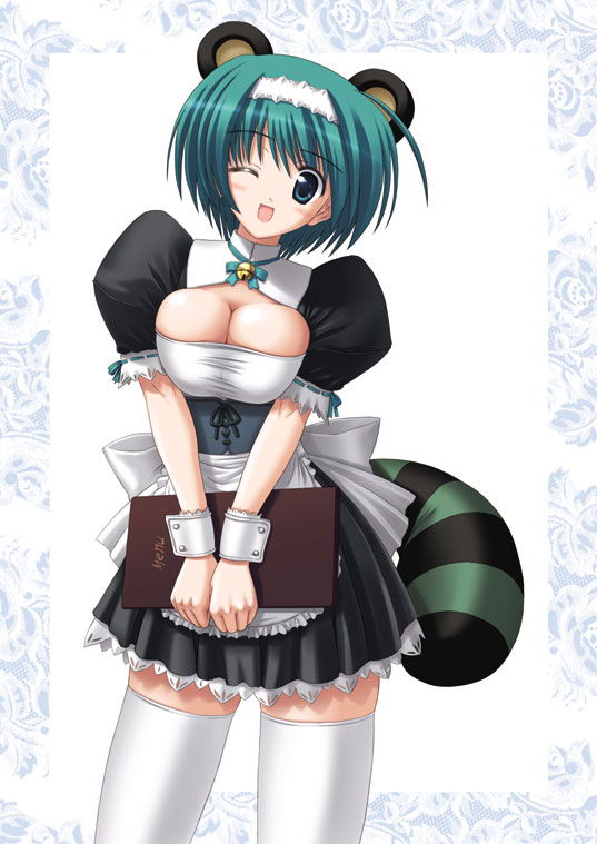 kishi nisen, yoshioka chie, to heart (series), to heart 2, 00s, 1girl, animal ears, bell, blue eyes, border, breasts, breasts squeezed together, cuffs, female focus, green hair, large breasts, maid, one eye closed, raccoon ears, short hair, solo, tail, tanuki, thighhighs, waitress, wink, wrist cuffs