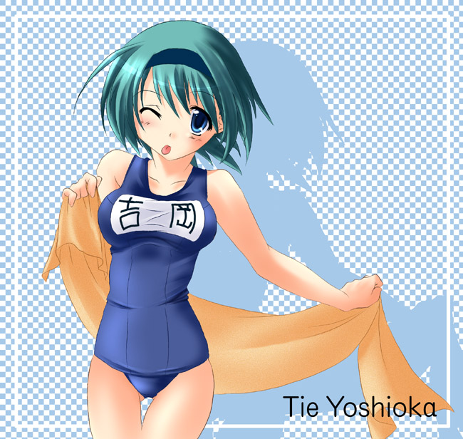 kagura tsukune, aqua hair, blue eyes, headband, shadow, swimsuit, tongue, towel, wink