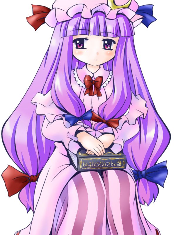 dotekabocha, patchouli knowledge, touhou, tagme, 1girl, female focus, hat, simple background, sitting, solo, white background