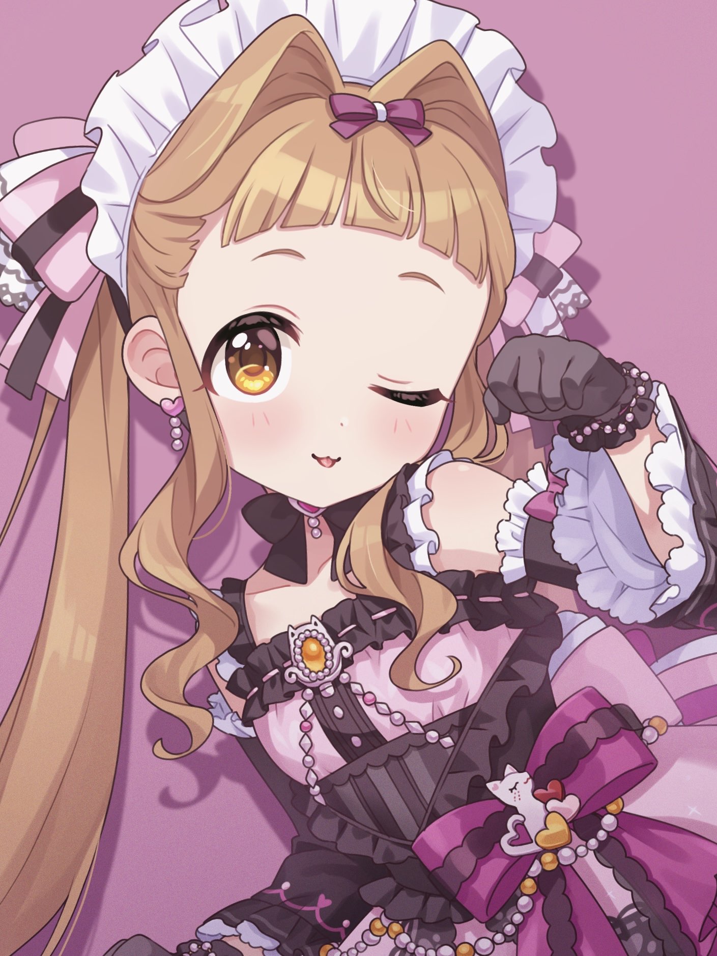 euphoniummatsu, ichihara nina, idolmaster, idolmaster cinderella girls, highres, second-party source, textless version, 1girl, 2025, :3, arched bangs, bare shoulders, black bow, black bowtie, black gloves, black sleeves, bow, bowtie, brooch, brown hair, clenched hand, closed mouth, collarbone, dated, detached sleeves, dot nose, dress, dress bow, drop shadow, earrings, frilled bow, frilled gloves, frilled sleeves, frills, gloves, hair bow, hair intakes, hand up, heart, heart earrings, jewelry, long hair, long sleeves, looking at viewer, maid headdress, one eye closed, orange brooch, parted lips, pink background, pink bow, pink dress, purple bow, short bangs, sidelocks, signature, sleeve bow, sleeveless, sleeveless dress, solo, straight hair, striped bow, tongue, tongue out, twintails, two-tone bow, upper body, wavy sidelocks, white headdress, yellow eyes