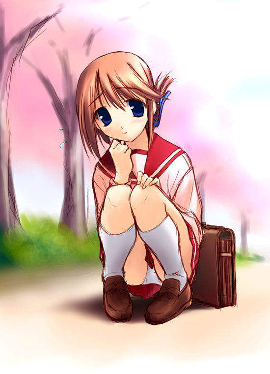 norizou type-r, blue eyes, blush, brown hair, hair ornament, hairclip, panties, pantyshot, school uniform, serafuku, short hair, socks, suitcase, underwear, upskirt