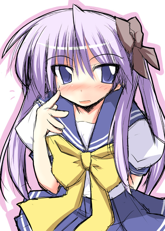 kugui kiyunemu, hiiragi kagami, lucky star, 00s, 1girl, :d, blue eyes, blue skirt, blush, bow, bowtie, female focus, looking at viewer, open mouth, pink hair, pleated skirt, sailor collar, school uniform, scratching cheek, serafuku, shirt, sidelocks, simple background, skirt, smile, solo, white background, white shirt, yellow bow, yellow bowtie