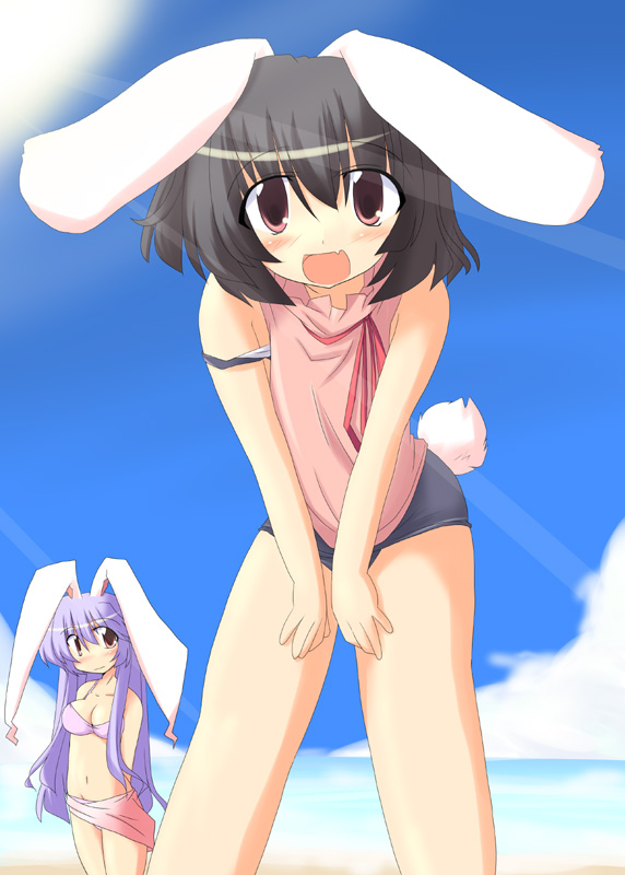 kugui kiyunemu, inaba tewi, reisen udongein inaba, touhou, 2girls, animal ears, beach, bikini, breasts, day, female focus, multiple girls, ocean, outdoors, pink sarong, rabbit ears, sarong, sky, swimsuit