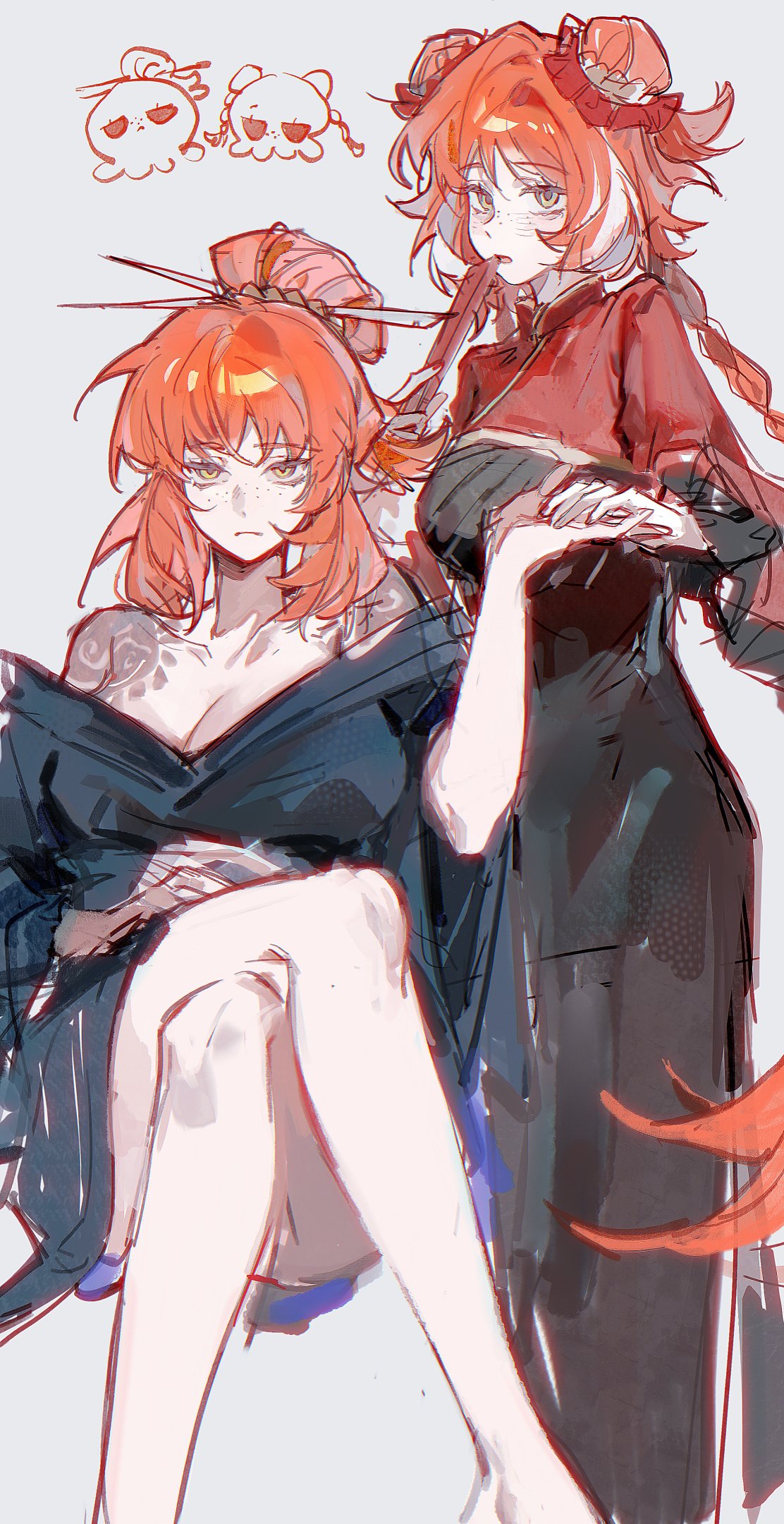 jingshenhuanghu, ishmael (project moon), kurokumo clan (identity) (project moon), limbus company, project moon, chinese commentary, commentary request, highres, 2girls, bare shoulders, barefoot, black dress, black kimono, braid, breasts, chinese clothes, cleavage, closed mouth, colored inner hair, crossed legs, double bun, dress, dual persona, family hierarch candidate (identity) (project moon), feet out of frame, fingernails, freckles, green eyes, grey background, grey hair, hair between eyes, hair bun, hair ornament, hair stick, hand fan, hand up, holding, holding fan, holding hands, japanese clothes, kimono, large breasts, long hair, long sleeves, looking at viewer, mandarin collar, multicolored hair, multiple girls, nail polish, off shoulder, official alternate costume, official alternate hairstyle, open mouth, orange hair, red nails, red shrug, shoulder tattoo, shrug (clothing), sidelocks, simple background, sitting, standing, tattoo, twin braids, wide sleeves