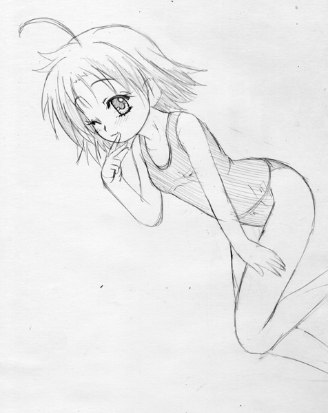 yo-jin, kogami akira, lucky star, 00s, ahoge, monochrome, sketch, swimsuit
