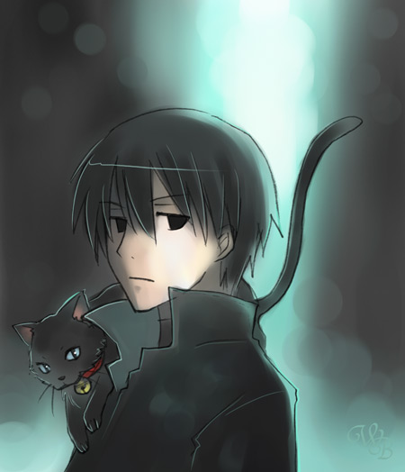 shima yukiwa, hei (darker than black), mao (darker than black), darker than black, 00s, 1boy, bell, black cat, black eyes, black hair, black jacket, cat, collar, jacket, looking at viewer, male focus, shoulder perch, solo