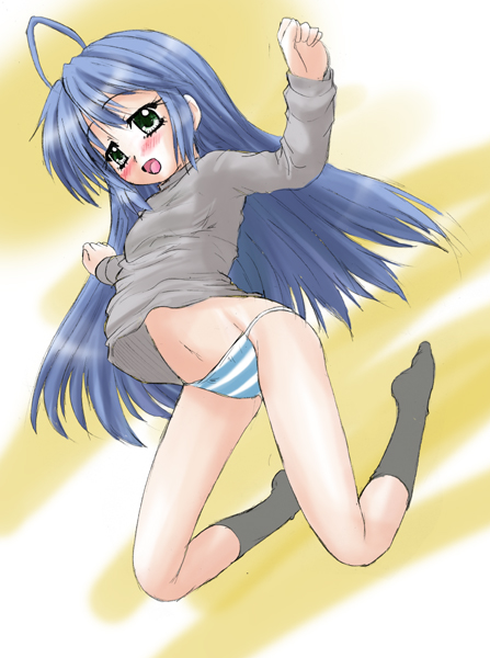 yo-jin, izumi konata, lucky star, 00s, 1girl, female focus, full body, panties, solo, striped clothes, striped panties, underwear