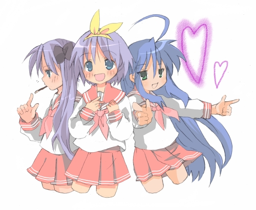 hiiragi kagami, hiiragi tsukasa, izumi konata, lucky star, lowres, 00s, 3girls, antenna hair, blue eyes, blue hair, blush, green eyes, hair ribbon, hairband, heart, long hair, mole, mole under eye, multiple girls, open mouth, purple hair, school uniform, serafuku, short hair, sisters, skirt, standing, tongue, twins, twintails