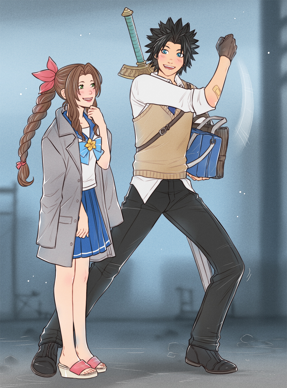 crylin6, aerith gainsborough, zack fair, crisis core final fantasy vii, final fantasy, final fantasy vii, commentary, english commentary, highres, 1boy, 1girl, alternate universe, bag, bandaid, bandaid on arm, black hair, black pants, blue bow, blue bowtie, blue eyes, blue necktie, blue sailor collar, blue skirt, blurry, blurry background, blush, bow, bowtie, braid, braided ponytail, brown gloves, collared shirt, full body, gloves, green eyes, grey jacket, hair ribbon, height difference, holding, holding bag, jacket, jacket on shoulders, long hair, looking at another, miniskirt, necktie, open mouth, pants, parted bangs, pink ribbon, pleated skirt, ponytail, ribbon, sailor collar, sandals, school uniform, serafuku, shirt, short hair, skirt, smile, spiked hair, standing, sweater vest, sword, sword on back, weapon, weapon on back, white serafuku, white shirt