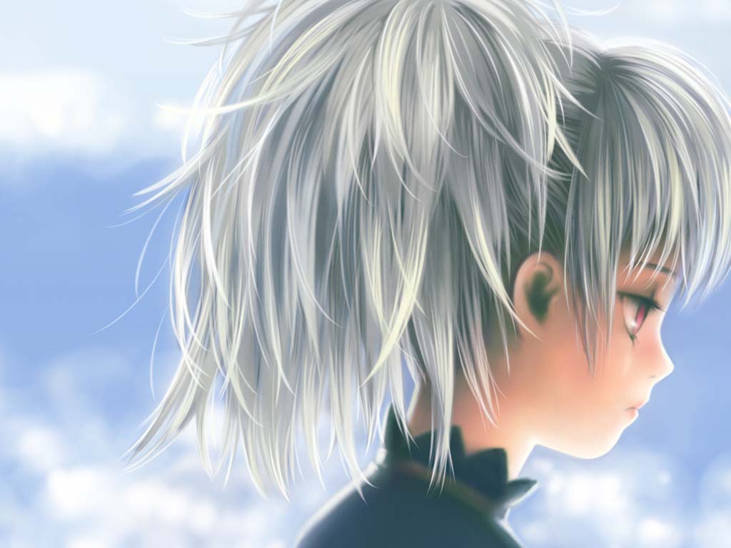 toshi hiroshi, yin (darker than black), darker than black, 00s, 1girl, closed mouth, cloud, cloudy sky, day, expressionless, female focus, from side, maroon eyes, pink eyes, ponytail, profile, sky, solo, upper body, white hair