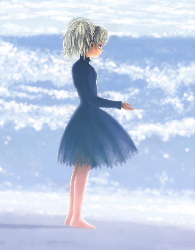 toshi hiroshi, yin (darker than black), darker than black, tagme, 00s, barefoot, dress, solo, white hair