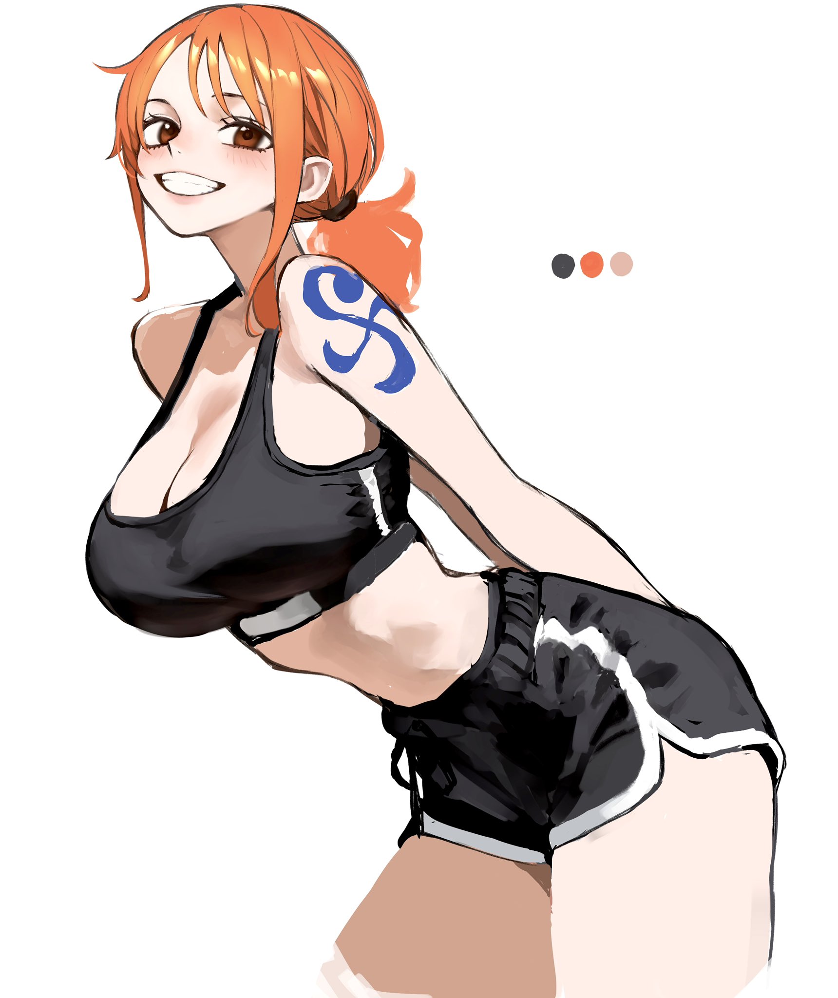 kasumi 6, nami (one piece), one piece, commentary, english commentary, highres, 1girl, alternate costume, arms behind back, bare shoulders, black shorts, black sports bra, blush, breasts, brown eyes, cleavage, cowboy shot, dolphin shorts, grin, large breasts, leaning forward, looking at viewer, low ponytail, medium hair, midriff, orange hair, ponytail, shorts, shoulder tattoo, sidelocks, simple background, smile, solo, sports bra, tattoo, teeth, thighs, white background