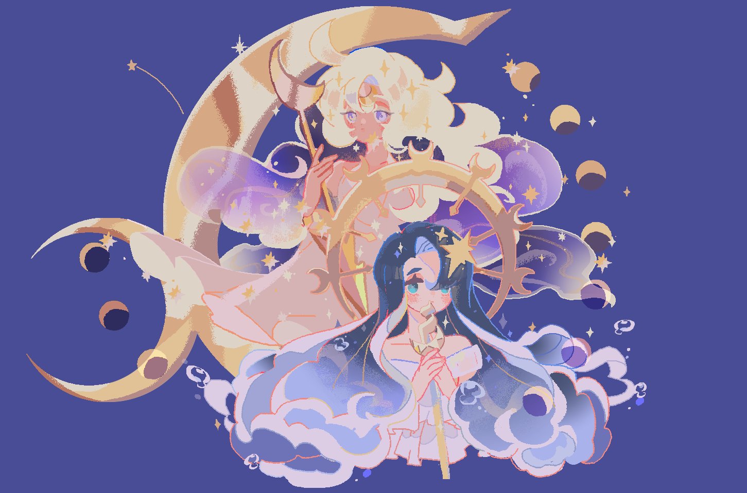 reed, moonlight cookie, moonlight cookie (crescent guardian), sea fairy cookie, sea fairy cookie (rippling moonlight), cookie run, cookie run: kingdom, commentary, symbol-only commentary, 2girls, ahoge, bare shoulders, black hair, blonde hair, blue background, blue eyes, blue hair, closed mouth, colored inner hair, crescent, cropped torso, curtained hair, dress, film grain, gold scepter, hair between eyes, hair over one eye, hands up, holding, holding polearm, holding scepter, holding weapon, humanization, lance, liquid hair, long hair, looking at viewer, multicolored hair, multiple girls, off-shoulder dress, off shoulder, official alternate costume, official alternate hair color, official alternate hairstyle, polearm, purple hair, scepter, short sleeves, simple background, sparkle, star (symbol), two-handed, two-tone hair, very long hair, wavy hair, weapon, white dress