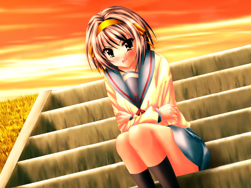 suzumiya haruhi, suzumiya haruhi no yuuutsu, 00s, 1girl, brown eyes, brown hair, crossed arms, female focus, hairband, outdoors, school uniform, serafuku, sky, solo, tears