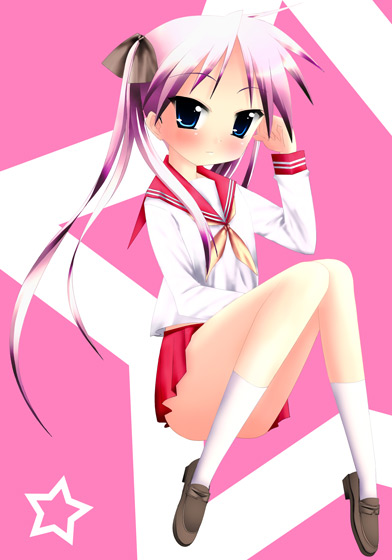 yuuga raito, hiiragi kagami, lucky star, 00s, 1girl, female focus, pink background, purple hair, school uniform, serafuku, solo, twintails