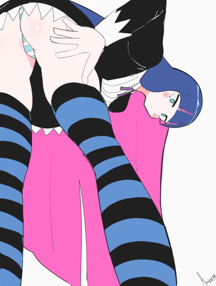 akisas99, stocking (psg), panty & stocking with garterbelt, 1girl, aqua eyes, ass, bent over, black dress, blue hair, blunt bangs, blush, closed mouth, colored inner hair, dress, goth fashion, gothic lolita, hand on own hip, lolita fashion, long hair, long sleeves, looking at viewer, multicolored hair, panties, pink hair, simple background, solo, straight hair, striped clothes, striped panties, striped thighhighs, thighhighs, two-tone hair, underwear, very long hair, white background
