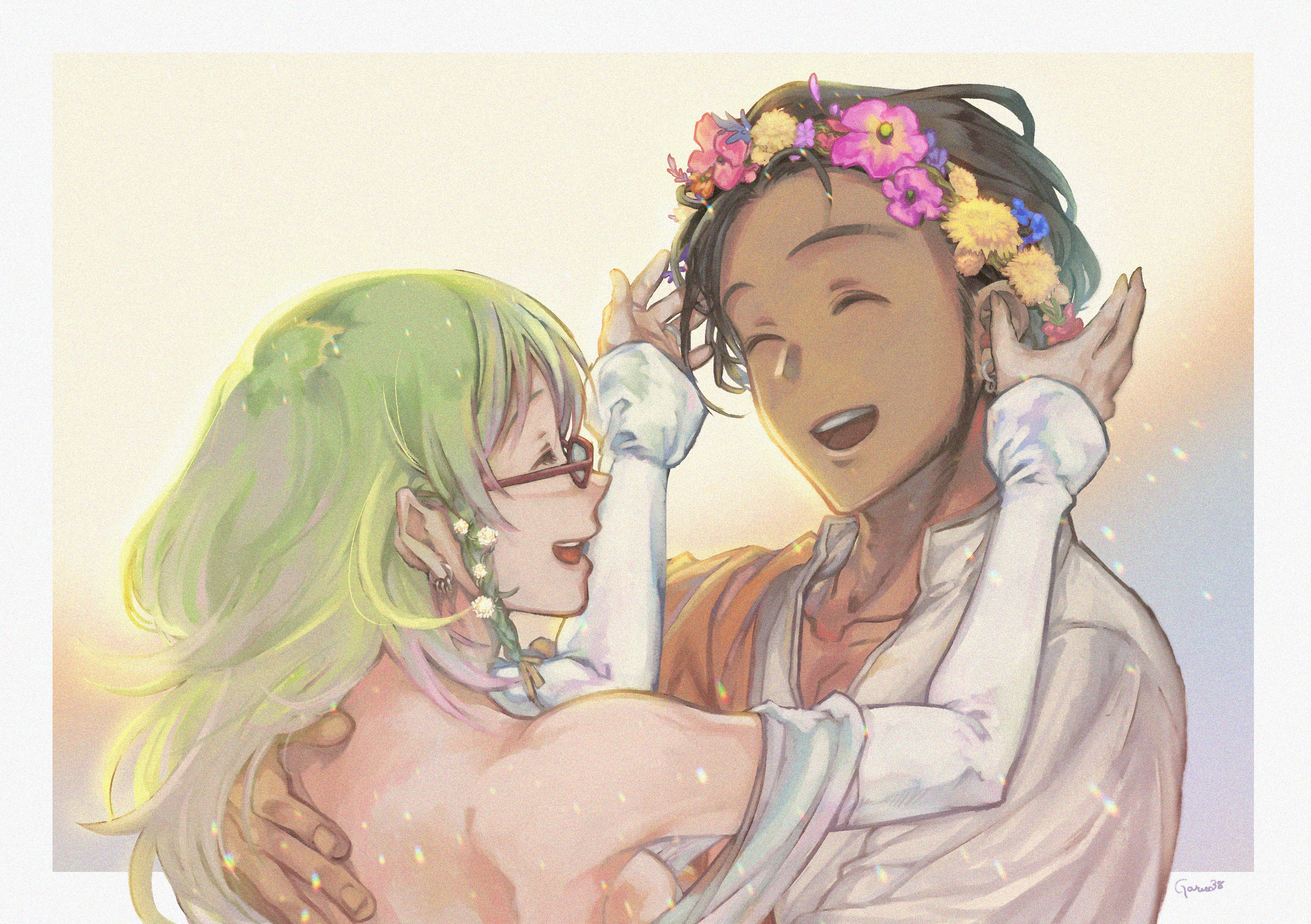 gakko (gacco38), claude von riegan, claude von riegan (timeskip), female byleth (enlightened) (fire emblem), female byleth (fire emblem), fire emblem, fire emblem: three houses, nintendo, highres, 1boy, 1girl, back, breasts, brown hair, closed eyes, couple, dark-skinned male, dark skin, green hair, hetero, medium breasts, open mouth