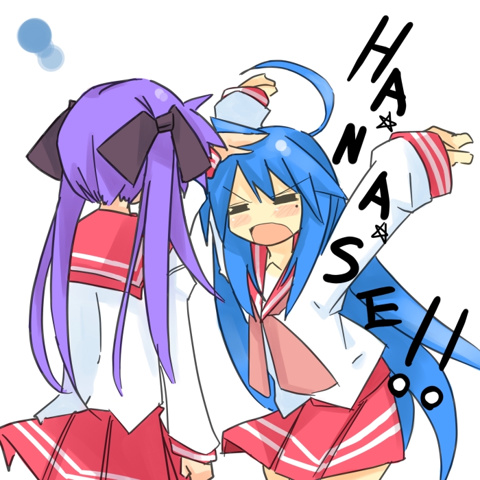 kanikama, hiiragi kagami, izumi konata, lucky star, translated, 00s, 2girls, = =, ahoge, black ribbon, blush, closed eyes, cowboy shot, hair ribbon, hand on another's head, long sleeves, mole, mole under eye, multiple girls, open mouth, red skirt, ribbon, sailor collar, school uniform, serafuku, shirt, short hair, sidelocks, simple background, skirt, white background, white shirt