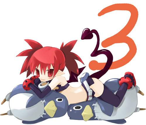 sazaki ichiri, etna (disgaea), prinny, disgaea, nippon ichi, lowres, bat wings, demon girl, elbow gloves, gloves, pointy ears, red eyes, red hair, solo, tail, thighhighs, twintails, wings