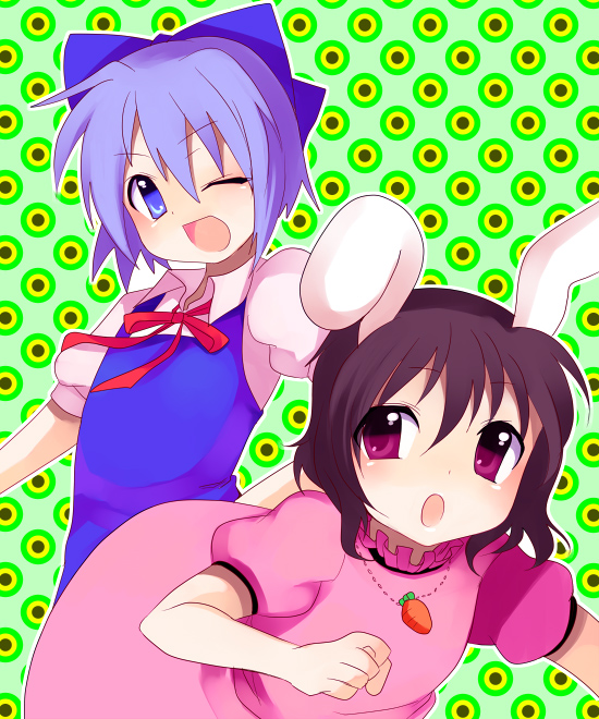 subaru (yachika), cirno, inaba tewi, touhou, 2girls, animal ears, blue dress, blue eyes, blue hair, blush, bow, brown hair, carrot, carrot necklace, circle, dress, female focus, green background, hair bow, jewelry, looking at viewer, multiple girls, necklace, no wings, one eye closed, open mouth, patterned, pendant, pink dress, puffy short sleeves, puffy sleeves, purple eyes, rabbit ears, red ribbon, ribbon, short hair, short sleeves, upper body