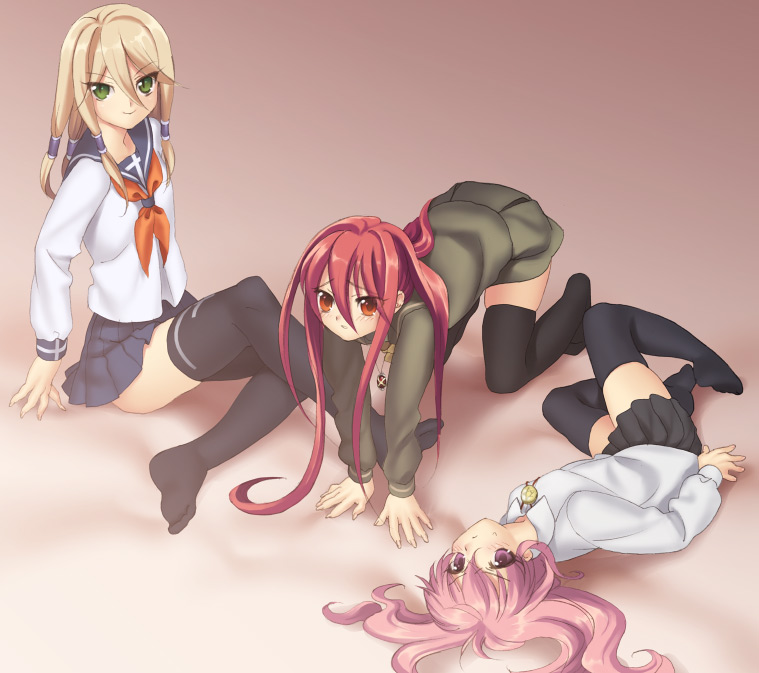 piyodera mucha, alastor (shakugan no shana), kugimiya rie, louise francoise le blanc de la valliere, shana, victoria, victoria (busou renkin), busou renkin, shakugan no shana, zero no tsukaima, black legwear, 00s, 3girls, feet, frown, hair tubes, jewelry, miniskirt, multiple girls, necklace, pendant, red hair, school uniform, serafuku, sitting, skirt, thighhighs, voice actor connection, zettai ryouiki