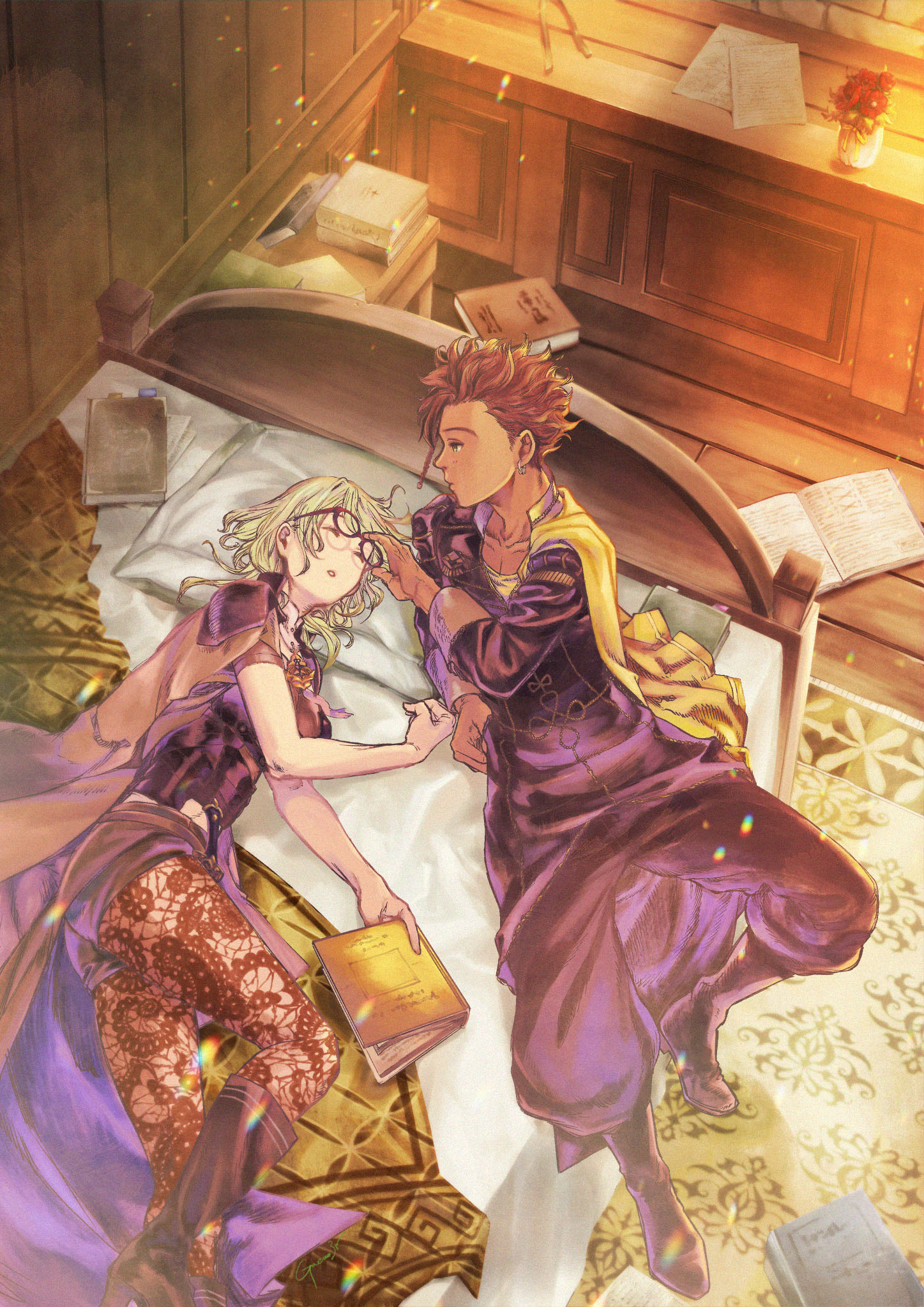 gakko (gacco38), claude von riegan, female byleth (fire emblem), fire emblem, fire emblem: three houses, nintendo, highres, 1boy, 1girl, ass, bed, book, breasts, dark-skinned male, dark skin, glasses, gold cape, indoors, medium breasts, pantyhose, patterned legwear, print pantyhose, sleeping