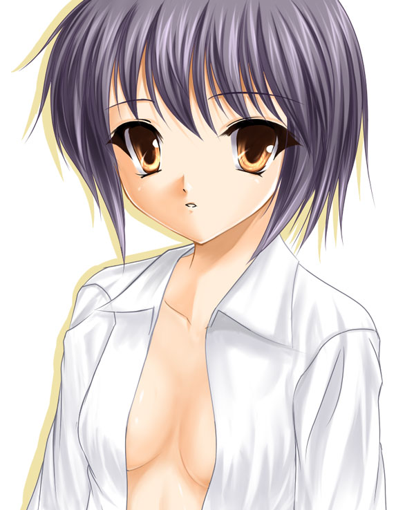ryuushou, nagato yuki, suzumiya haruhi no yuuutsu, 00s, 1girl, female focus, open clothes, open shirt, shirt, solo