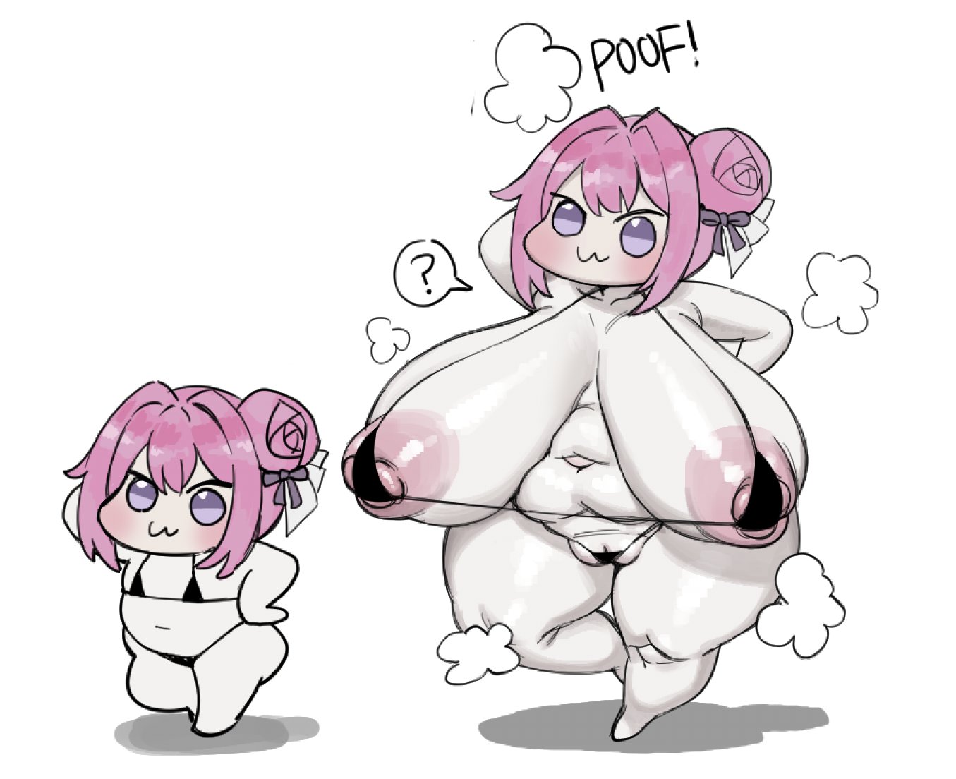 jianpan xiafang de da kongge, doro (nikke), goddess of victory: nikke, 1girl, :3, ?, bikini, blush, breasts, chibi, creature, dual persona, hair bun, huge breasts, large areolae, micro bikini, navel, pink hair, plump, purple eyes, simple background, spoken question mark, steam, steaming body, swimsuit, white background