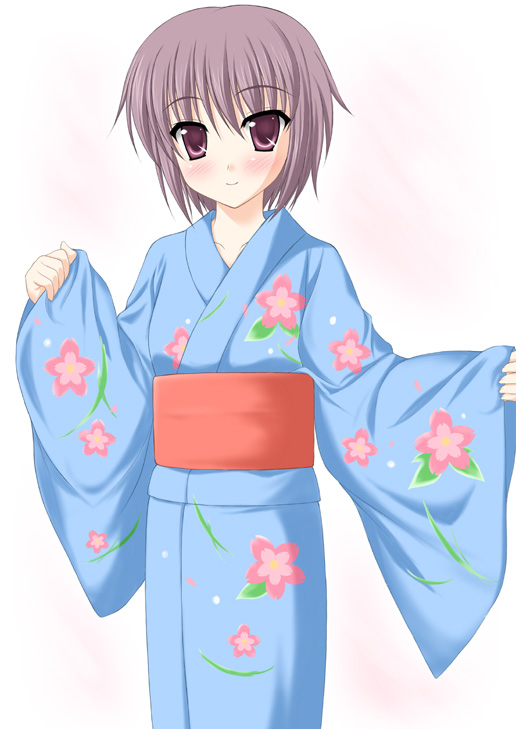 minamori noeru, nagato yuki, suzumiya haruhi no yuuutsu, 00s, 1girl, blue kimono, female focus, japanese clothes, kimono, short hair, solo, yukata