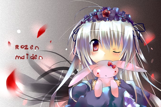 suigintou, rozen maiden, silver hair, 00s, 1girl, ;), black dress, black wings, blush, dress, female focus, hairband, lolita hairband, long hair, looking at viewer, one eye closed, petals, red eyes, rose petals, smile, solo, stuffed animal, stuffed rabbit, stuffed toy, upper body, wings
