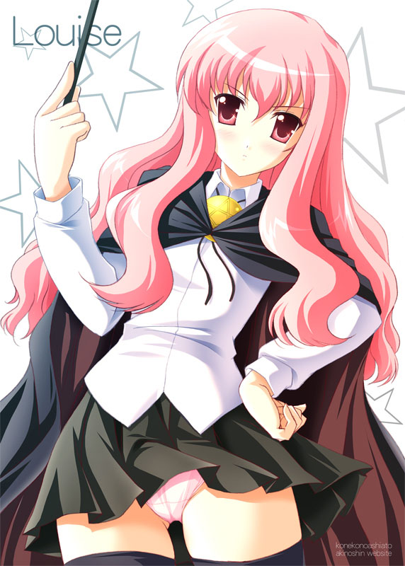 louise francoise le blanc de la valliere, zero no tsukaima, artist request, 00s, cloak, panties, pink hair, thighhighs, underwear