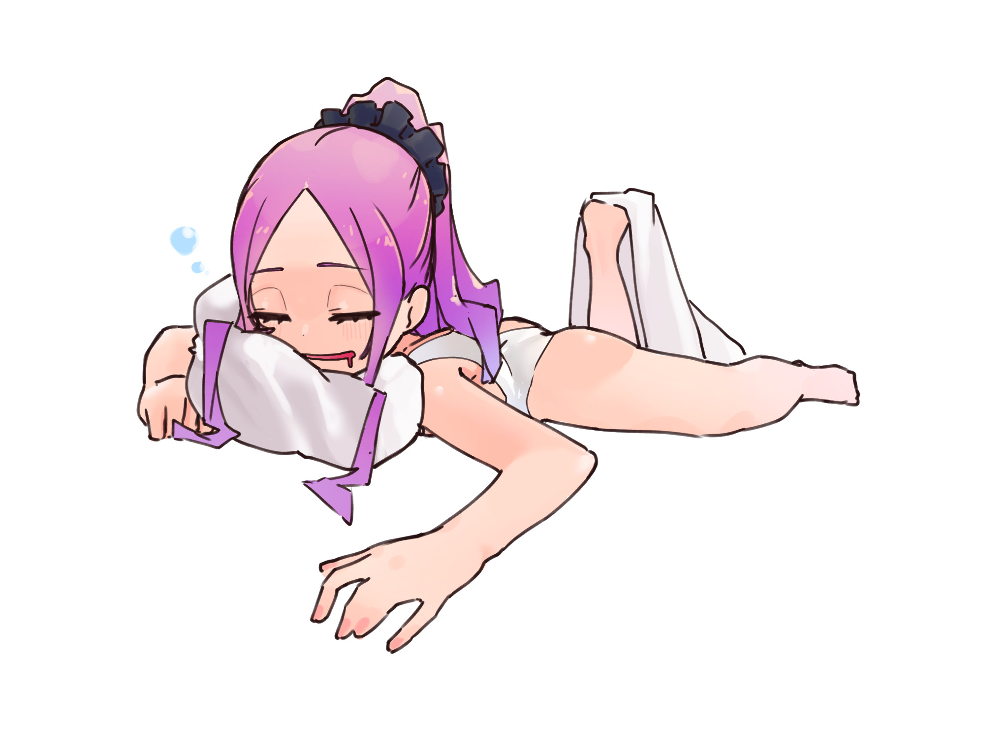 niwaikanai, wu zetian (fate), fate/grand order, fate (series), highres, 1girl, ass, bare shoulders, barefoot, blush, breasts, closed eyes, drooling, forehead, hair ornament, hair scrunchie, long hair, lying, on stomach, one-piece swimsuit, open mouth, parted bangs, pillow, ponytail, purple hair, scrunchie, sidelocks, sleeping, small breasts, smile, swimsuit, white one-piece swimsuit