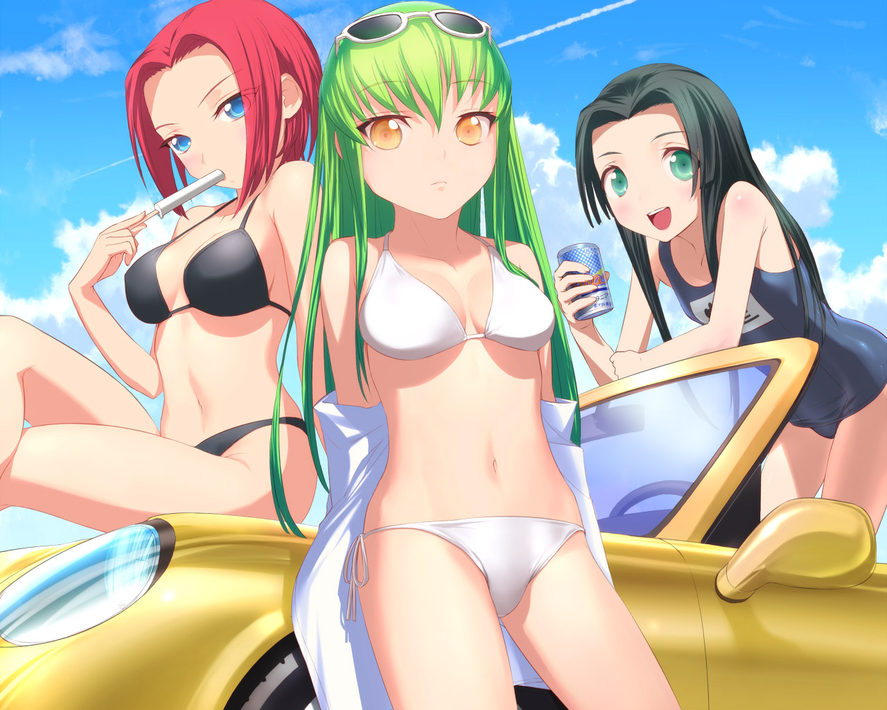 uni (plastic girl), c.c., kouzuki kallen, sumeragi kaguya, code geass, 00s, 3girls, bikini, black hair, blue eyes, car, day, food, green eyes, green hair, left-hand drive, long hair, motor vehicle, multiple girls, one-piece swimsuit, popsicle, red hair, school swimsuit, short hair, side-tie bikini bottom, swimsuit, yellow eyes