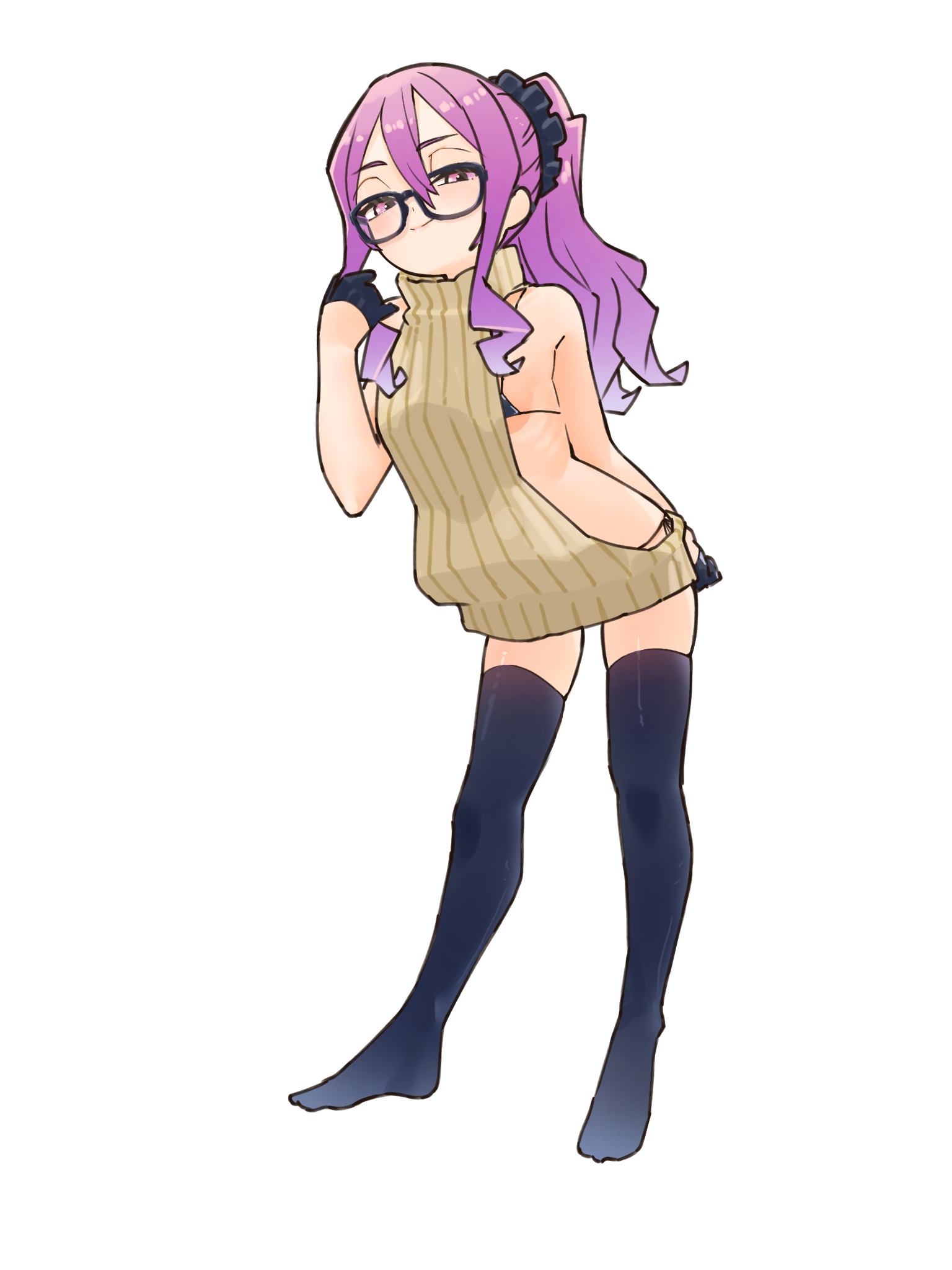 niwaikanai, wu zetian (fate), fate/grand order, fate (series), highres, 1girl, bikini, bikini under clothes, black bikini, black gloves, black thighhighs, blush, breasts, full body, glasses, gloves, hair between eyes, hair ornament, hair scrunchie, half gloves, long hair, looking at viewer, micro bikini, ponytail, purple eyes, purple hair, scrunchie, sidelocks, sleeveless, sleeveless turtleneck, small breasts, smile, sweater, swimsuit, thighhighs, turtleneck, yellow sweater