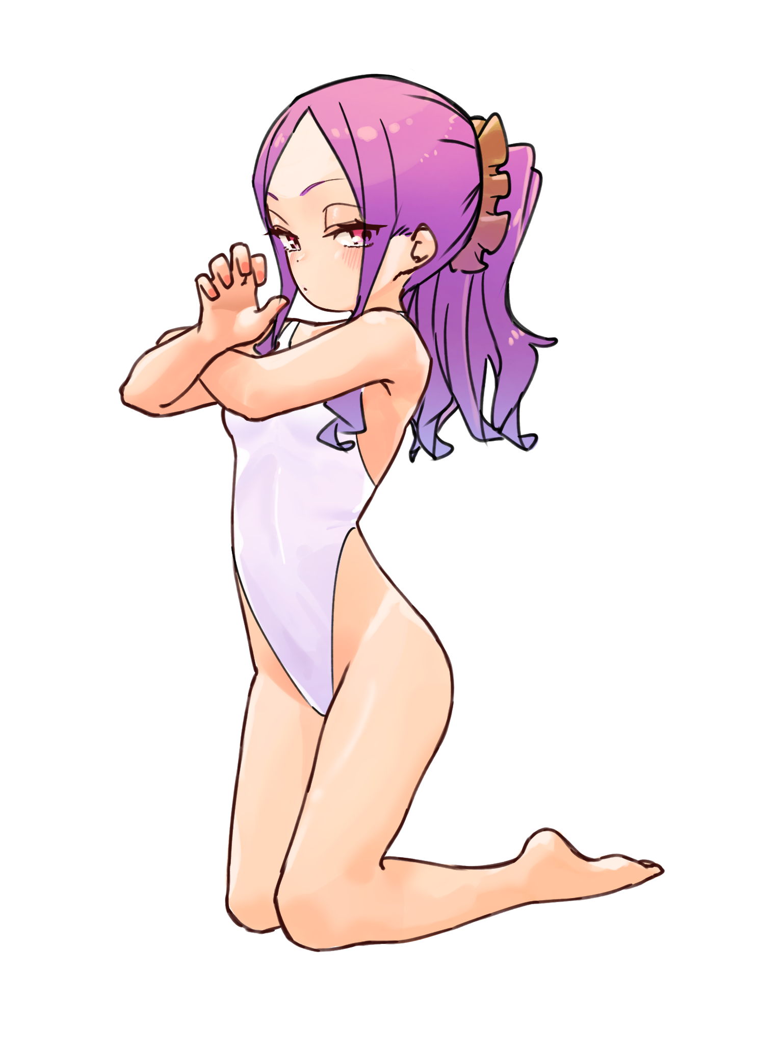 niwaikanai, wu zetian (fate), fate/grand order, fate (series), highres, 1girl, bare shoulders, barefoot, blush, breasts, forehead, hair ornament, hair scrunchie, highleg, highleg one-piece swimsuit, kneeling, long hair, looking at viewer, one-piece swimsuit, parted bangs, ponytail, purple eyes, purple hair, scrunchie, sidelocks, small breasts, swimsuit, white one-piece swimsuit