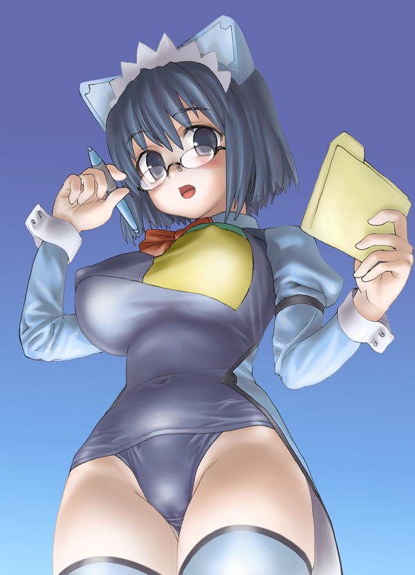 asanagi, 2k-tan, os-tan, 1girl, adjusting eyewear, animal ears, breasts, cat ears, covered erect nipples, female focus, folder, glasses, huge breasts, panties, solo, thighhighs, underwear