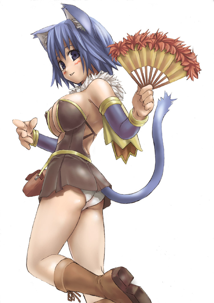 asanagi, alchemist (ragnarok online), ragnarok online, 1girl, alchemist, animal ears, armlet, ass, back, bag, bare shoulders, blue eyes, blue hair, blush, boots, bracelet, breasts, brown boots, cat ears, cat tail, center opening, cleavage, covered erect nipples, detached sleeves, dress, feather fan, female focus, flat ass, folding fan, from side, fur trim, hand fan, holding, jewelry, knee boots, kneepits, large breasts, leg up, looking at viewer, looking back, matching hair/eyes, no bra, panties, pantyshot, parted lips, pleated dress, satchel, short dress, short hair, sideboob, simple background, smile, solo, standing, standing on one leg, strapless, strapless dress, tail, underwear, white background, white panties