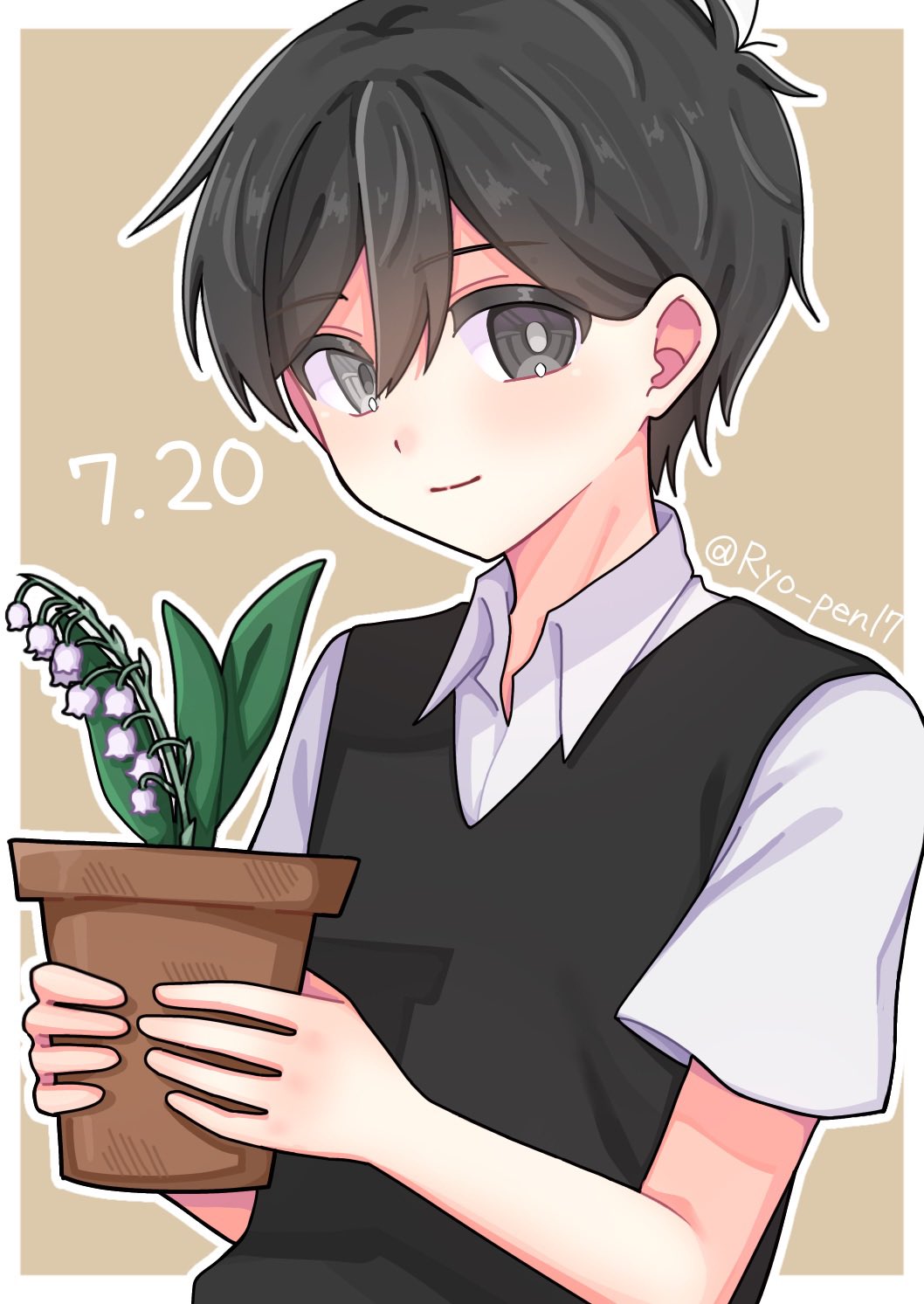 ryo pen17, sunny (omori), omori, highres, spoilers, 1boy, antenna hair, black eyes, black sweater vest, blush, bright pupils, closed mouth, collared shirt, flower, flower pot, grey eyes, heterochromia, holding, holding flower pot, lily of the valley, male focus, plant, potted plant, shirt, short hair, short sleeves, smile, solo, sweater vest, twitter username, upper body, white pupils, white shirt