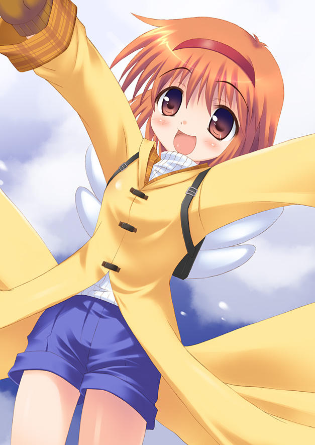 kouzuki hajime, tsukimiya ayu, kanon, blush, gloves, hairband, mittens, orange hair, red eyes, short hair, shorts, solo, wings
