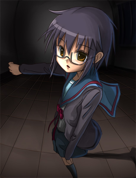 patorishia, patricia (stylish marunage), nagato yuki, suzumiya haruhi no yuuutsu, 00s, 1girl, cardigan, female focus, glasses, school uniform, serafuku, solo
