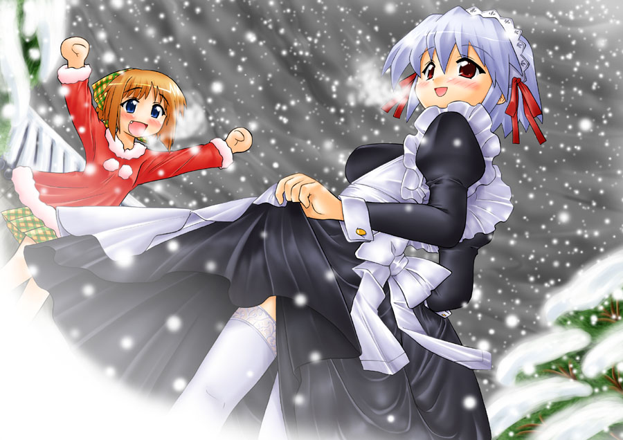 hase yu, kotonomiya yuki, waha, yamato suzuran, suigetsu, silver hair, 2girls, blue eyes, blush, bow, breasts, brown hair, christmas, clothes lift, fang, flat chest, hair ornament, headdress, maid, medium breasts, multiple girls, ribbon, santa costume, short hair, skirt, skirt lift, smile, snow, thighhighs, zettai ryouiki