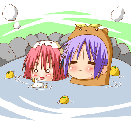 minami (colorful palette), bear tsukasa, bear yutaka, capybara-san, hiiragi tsukasa, kobayakawa yutaka, lucky star, lowres, 00s, 2girls, :3, = =, animal costume, bath, bear costume, blush, chibi, food, fruit, multiple girls, onsen, purple hair, red hair, rubber duck, short hair, smoke, water, yuzu, yuzu (fruit), yuzu bath
