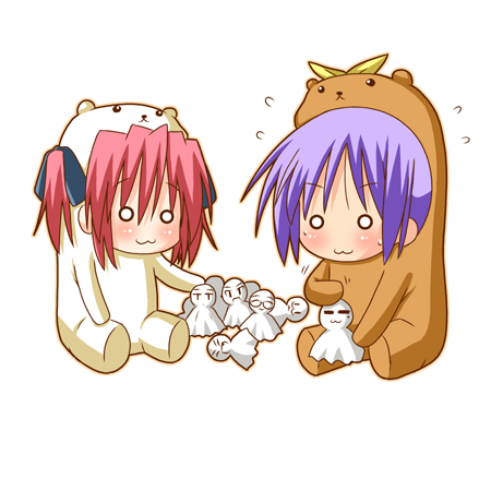 minami (colorful palette), bear tsukasa, bear yutaka, capybara-san, hiiragi tsukasa, kobayakawa yutaka, lucky star, lowres, 00s, 2girls, :3, = =, animal costume, bear costume, blush, chibi, multiple girls, o o, purple hair, red hair, short hair, simple background, sitting, sweat, teruterubouzu