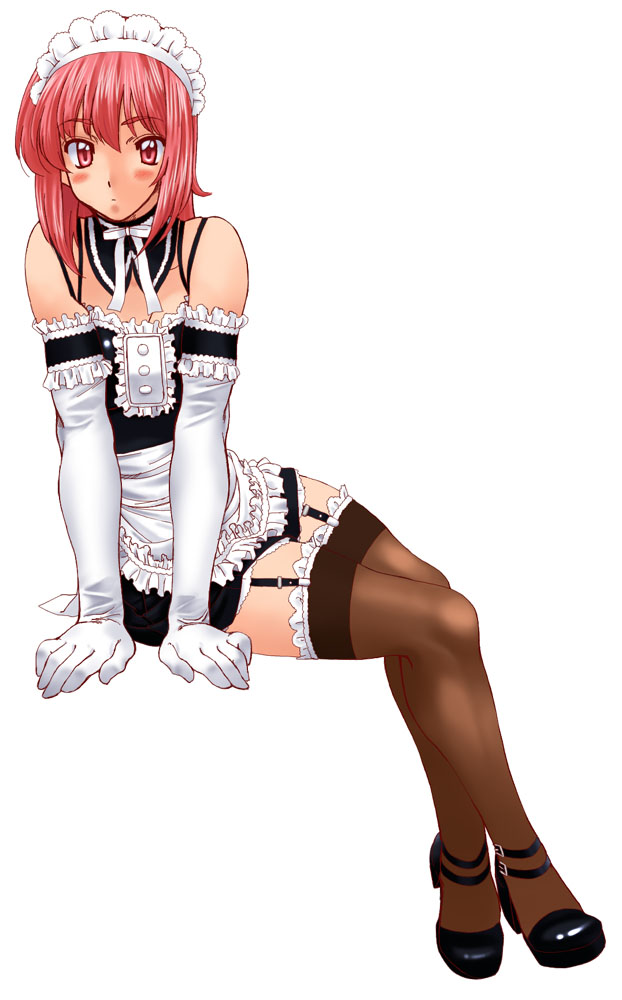 kamia (not found), tagme, 1girl, elbow gloves, female focus, full body, garter straps, gloves, legs, maid, maid headdress, simple background, sitting, solo, thighhighs, white background