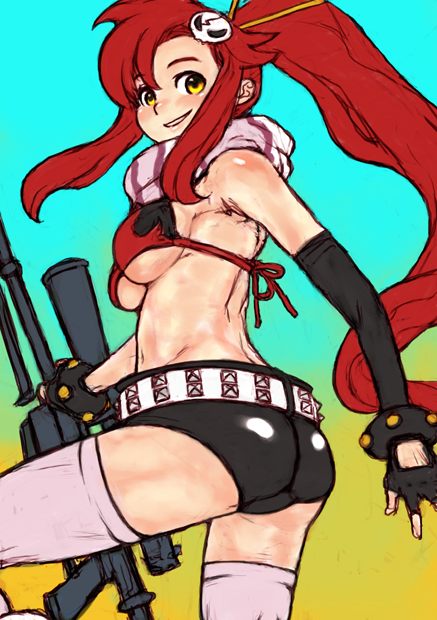 aizawa yoshihiko, yoko littner, tengen toppa gurren lagann, 00s, 1girl, anti-materiel rifle, belt, bikini, bikini top only, breasts, female focus, fingerless gloves, gloves, gun, hair ornament, midriff, ponytail, red hair, rifle, scarf, shorts, sidelocks, sniper rifle, solo, striped clothes, striped scarf, swimsuit, thighhighs, underboob, weapon, yellow eyes