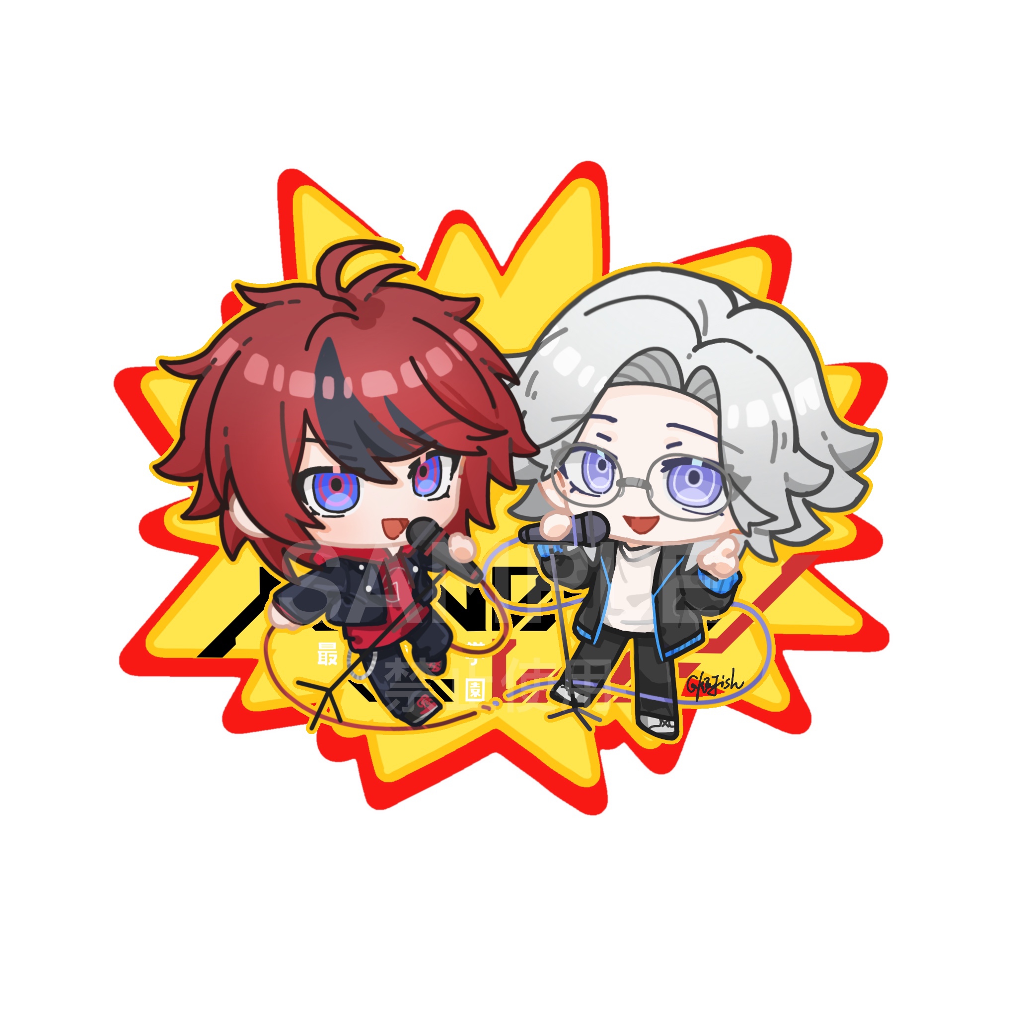 aotsuki eito, sumino takumi, the hundred line -last defense academy-, tower records, chinese commentary, commentary request, highres, variant set, 2boys, :d, ahoge, black jacket, black pants, black streaks, blue eyes, chibi, chibi only, glasses, grey hair, holding, holding microphone, hood, hoodie, jacket, jacket over hoodie, looking at viewer, male focus, microphone, microphone stand, multicolored hair, multiple boys, official alternate costume, open mouth, pants, pointing, pointing at viewer, purple eyes, red hair, red hoodie, sample watermark, shirt, short hair, smile, streaked hair, watermark, white background, white shirt, yinfish798