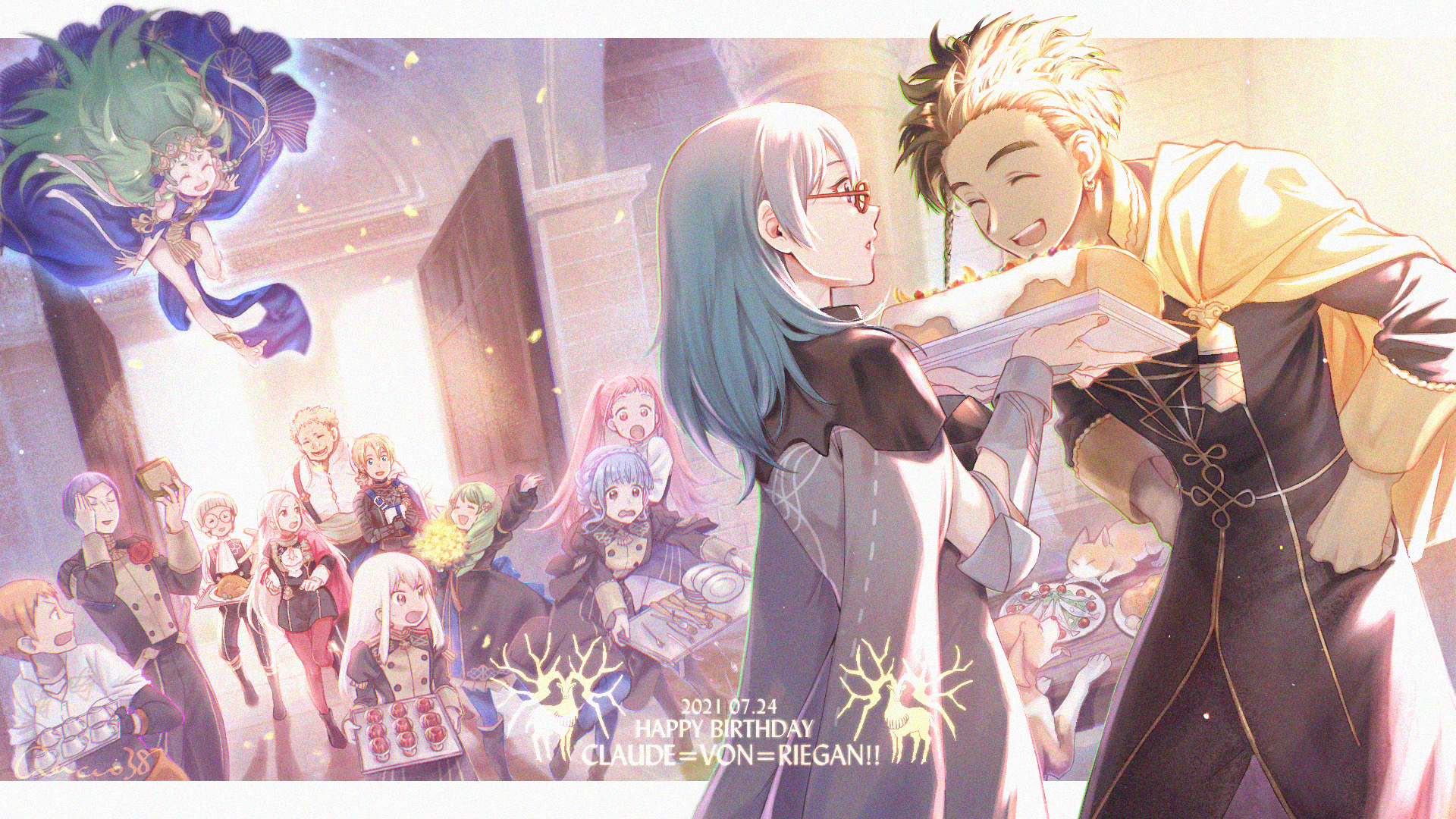 gakko (gacco38), claude von riegan, dimitri alexandre blaiddyd, edelgard von hresvelg, female byleth (fire emblem), hilda valentine goneril, ignatz victor, leonie pinelli, lorenz hellman gloucester, lysithea von ordelia, marianne von edmund, raphael kirsten, sothis (fire emblem), fire emblem, fire emblem: three houses, nintendo, highres, 6+boys, 6+girls, brown hair, cat, dark-skinned male, dark skin, dog, garreg mach monastery uniform, green hair, multiple boys, multiple girls, orange hair, white hair