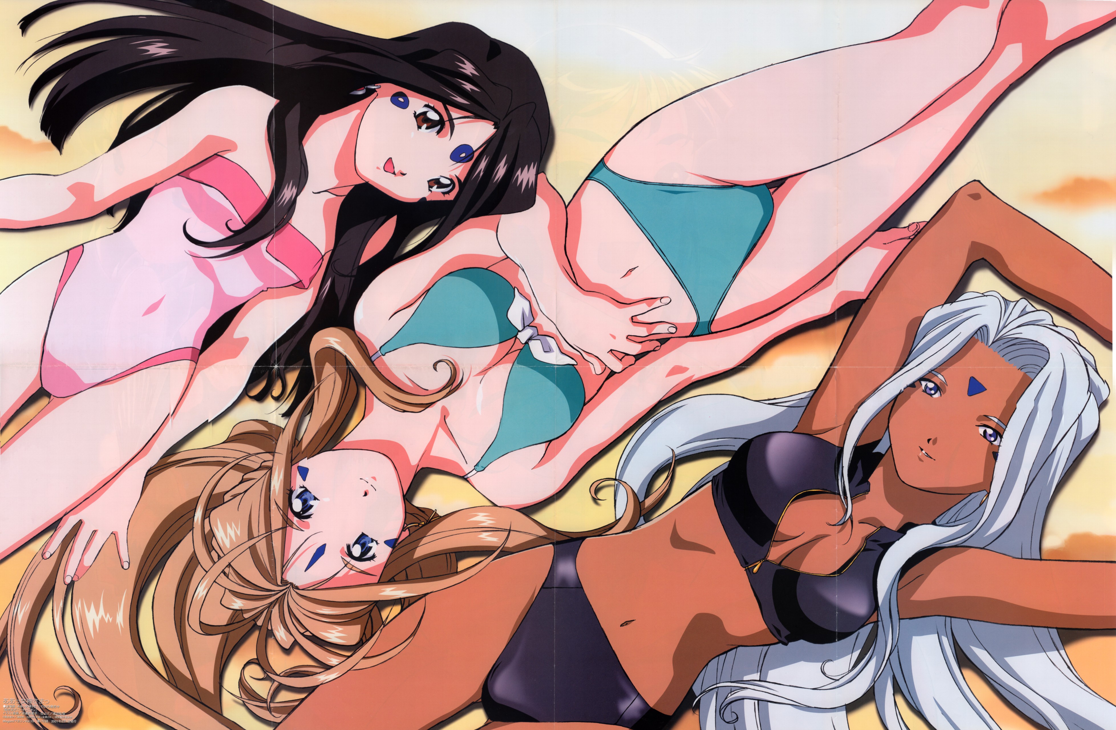 belldandy, skuld (aa megami-sama), urd (aa megami-sama), aa megami-sama, olm (studio), absurdres, highres, 3girls, beach, bikini, black hair, blue eyes, breasts, brown eyes, brown hair, cleavage, dark-skinned female, dark skin, earrings, facial mark, forehead mark, jewelry, long hair, lying, multiple girls, purple eyes, siblings, sisters, swimsuit, white hair
