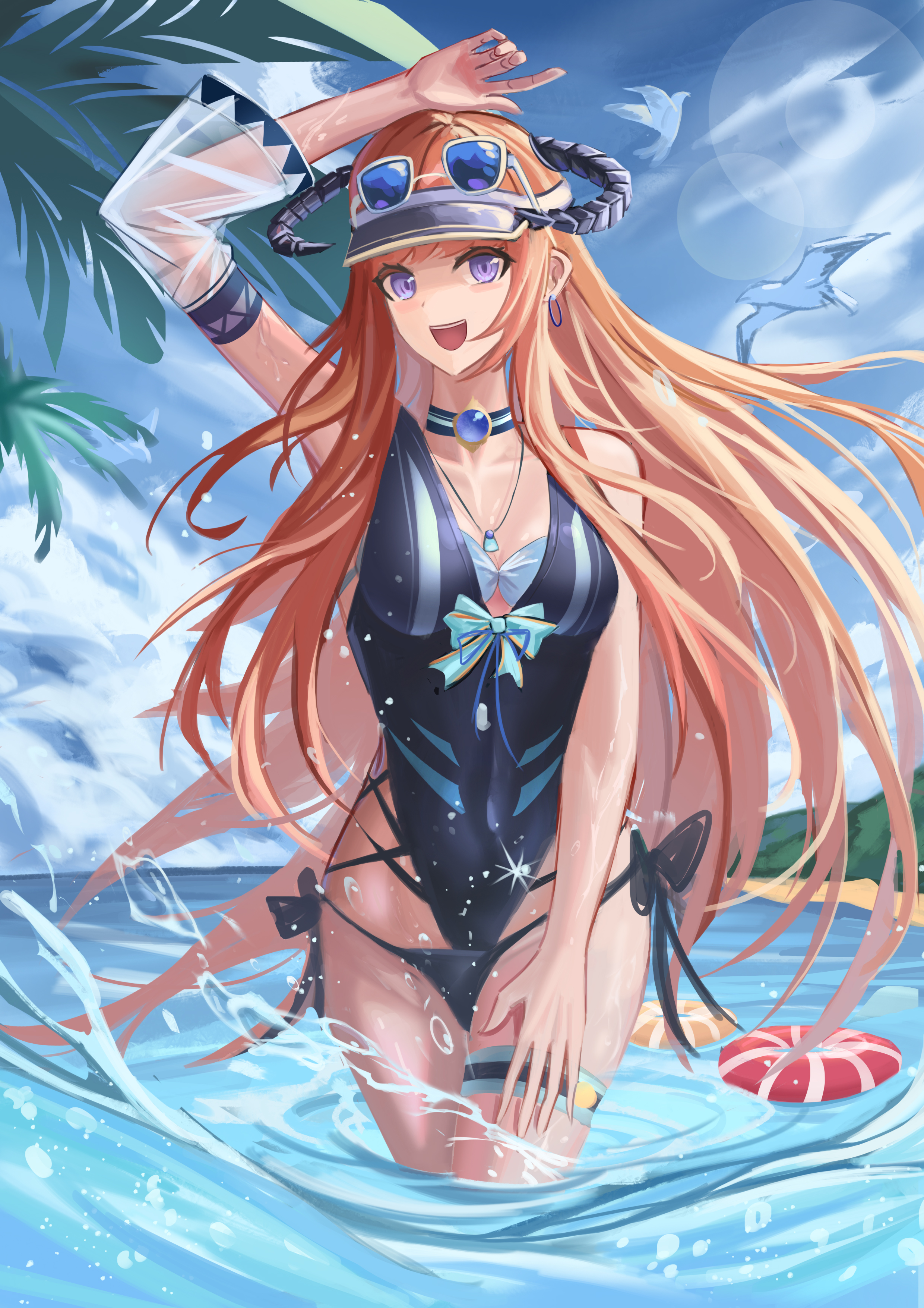 jiang wu (user wewj7328), bagpipe (arknights), arknights, absurdres, chinese commentary, commentary request, highres, 1girl, alternate costume, arms up, beach, bikini, bird, black bikini, black one-piece swimsuit, blue sky, breasts, cloud, cloudy sky, collarbone, cowboy shot, day, detached sleeves, dragon horns, earrings, eyewear on head, garter straps, horns, innertube, jewelry, long hair, looking at viewer, medium breasts, necklace, ocean, one-piece swimsuit, open mouth, orange hair, outdoors, purple eyes, seagull, side-tie bikini bottom, single detached sleeve, single garter strap, sky, smile, solo, standing, sunglasses, swim ring, swimsuit, teeth, upper teeth only, visor cap, wading, white bikini