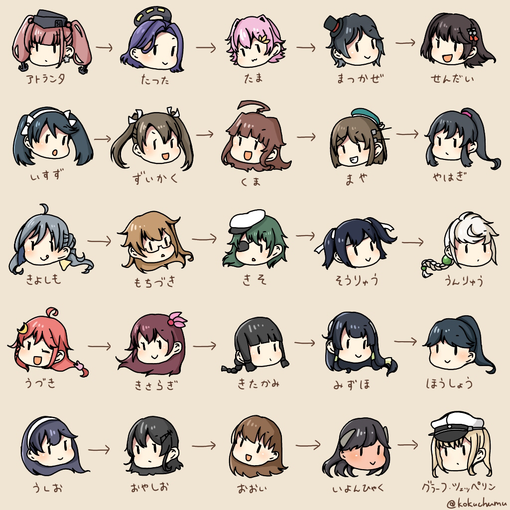kamoku nagi, atlanta (kancolle), graf zeppelin (kancolle), houshou (kancolle), i-400 (kancolle), isuzu (kancolle), kisaragi (kancolle), kiso (kancolle), kitakami (kancolle), kiyoshimo (kancolle), kuma (kancolle), matsukaze (kancolle), maya (kancolle), mizuho (kancolle), mochizuki (kancolle), ooi (kancolle), oyashio (kancolle), sendai (kancolle), souryuu (kancolle), tama (kancolle), tatsuta (kancolle), unryuu (kancolle), ushio (kancolle), uzuki (kancolle), yahagi (kancolle), zuikaku (kancolle), kantai collection, character request, check character, commentary request, translation request, 6+girls, ahoge, arrow (symbol), black hair, blonde hair, blue hair, braid, brown hair, crescent, crescent hair ornament, earrings, eyepatch, glasses, green hair, grey hair, hair ornament, hair ribbon, hairband, hat, head only, jewelry, mini hat, mini top hat, multiple girls, one eye closed, open mouth, pink hair, red hair, ribbon, shiritori, simple background, smile, star (symbol), star earrings, top hat, twintails